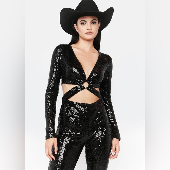 DOLLS KILL / Ktoö Black Dark Glimmered Visions Sequin [ L] Jumpsuit - Picture 2 of 10